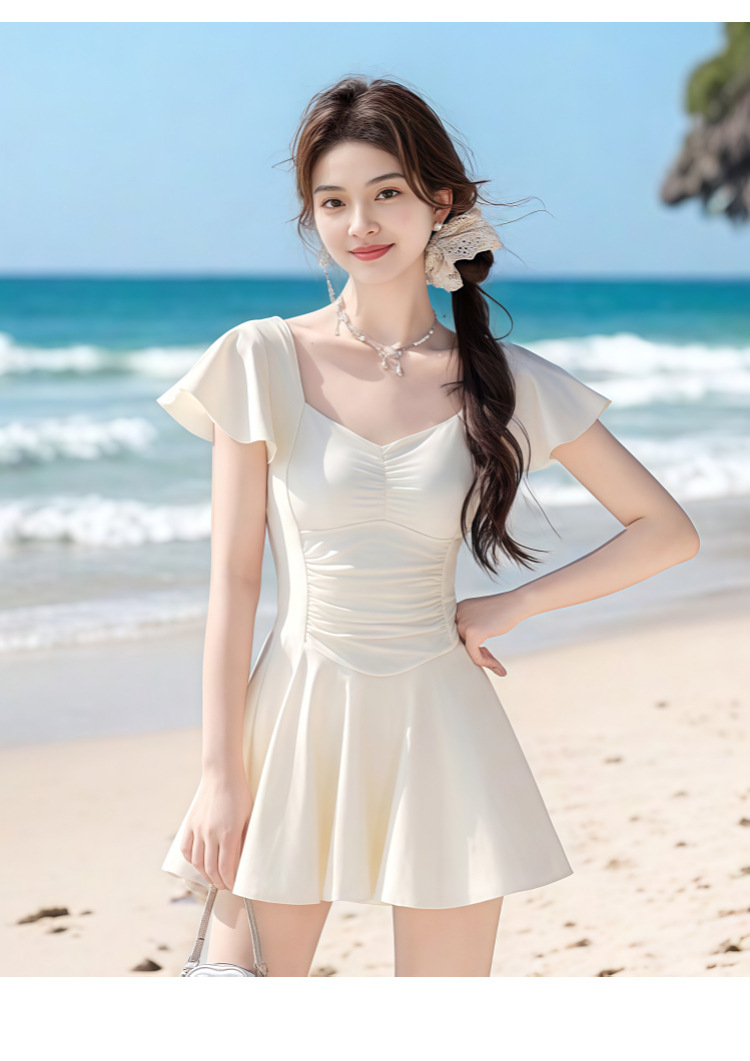 吊带连体泳衣女纯欲风高级感保守显瘦遮肉韩版少女温泉海边游泳衣详情9