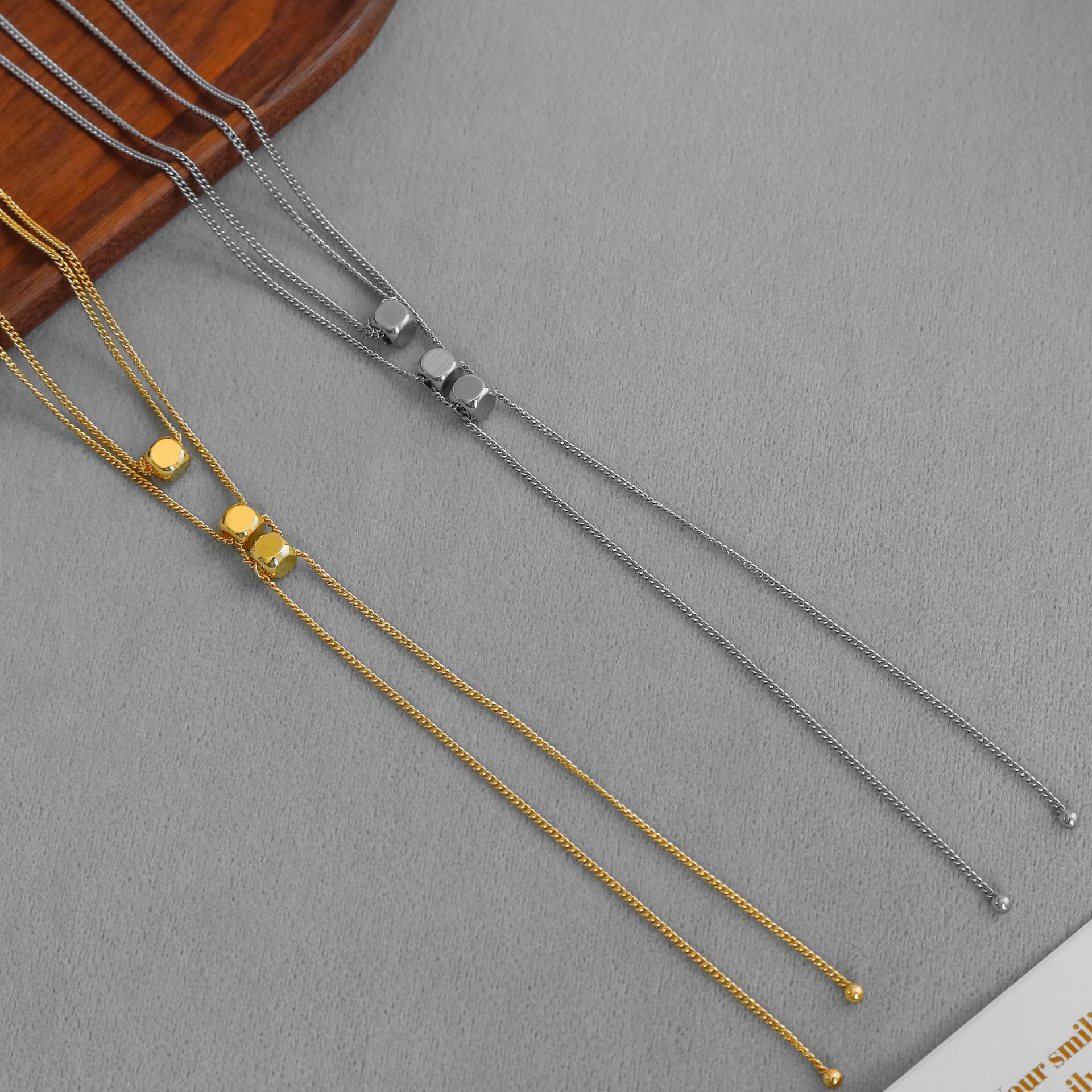 LEMA*家可抽拉项链 法式冷淡风简约气质双层叠戴长款方块锁骨链详情5