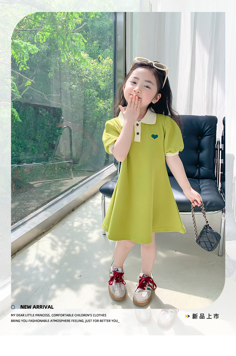 女童公主连衣裙夏季女孩洋气裙子POLO纯色裙子新款韩版A字裙短袖详情1
