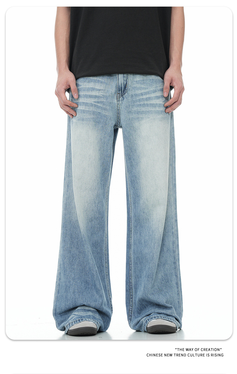 11KN American sunny blue soft jeans for men and women, retro cat whiskers washed for slimming, three-dimensional drape, loose and casual trousers pic 10