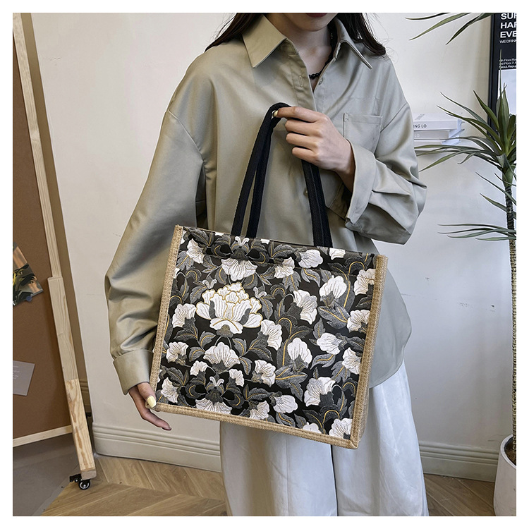 韩版文艺女包新款潮高颜值大容量棉麻时尚上班通勤手提袋便当包包详情34