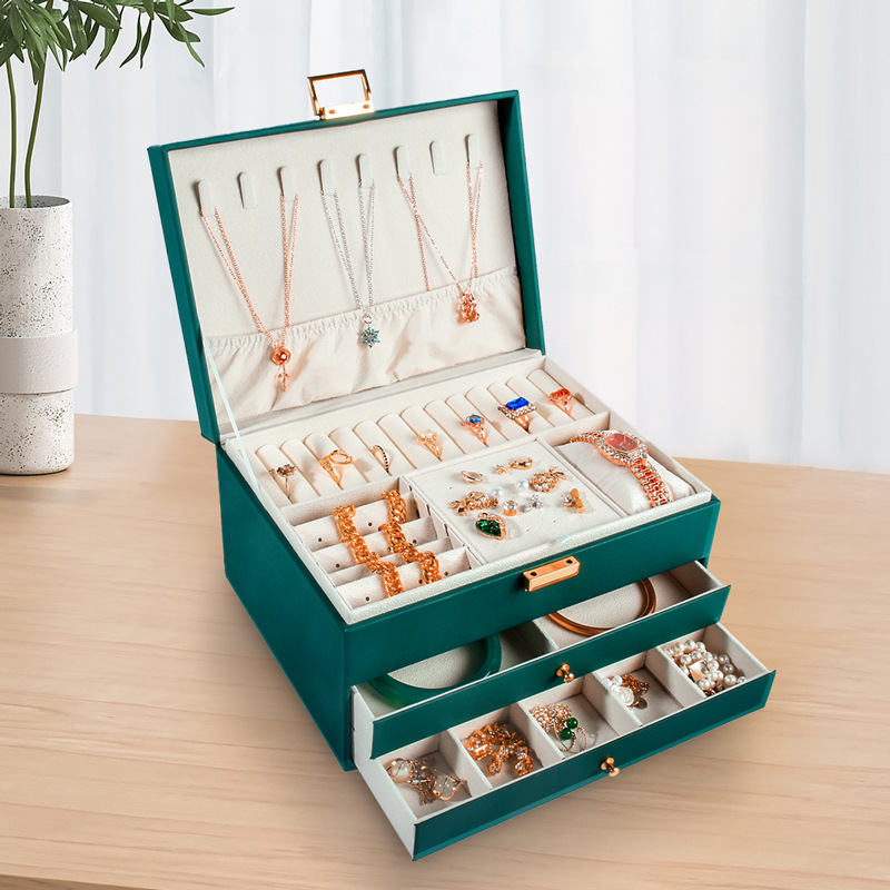 Multi-functional jewelry box, three-layer leather drawer-style jewelry, light luxury exquisite necklace, earrings and jewelry storage box pic 4