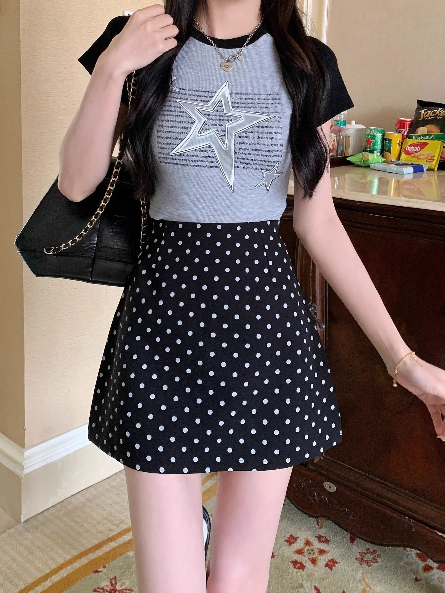 简漫妮波点半身裙夏季休闲百搭包臀裙女辣妹高腰A字裙西装短裙子详情15