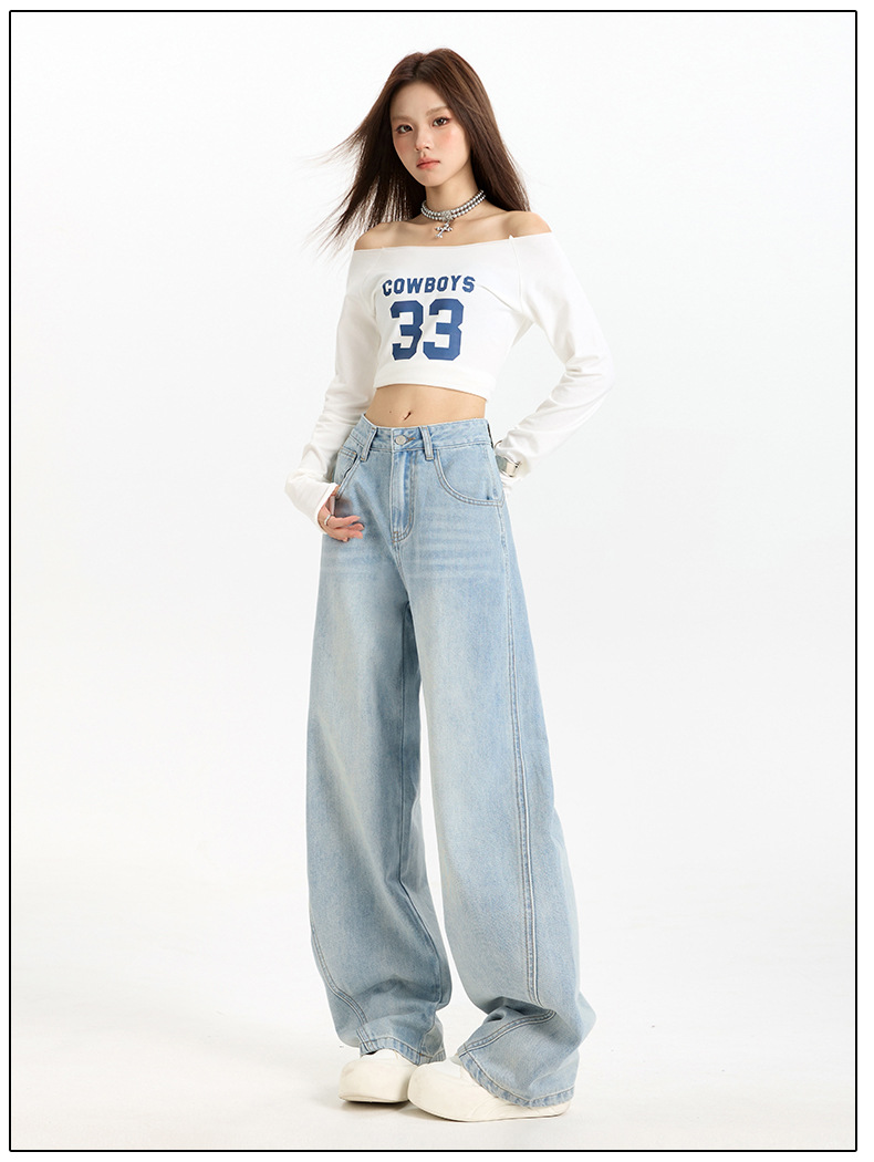 丹宁蓝色宽松廓形弯刀牛仔裤女2025年秋季新款高腰显瘦直筒阔腿裤详情28