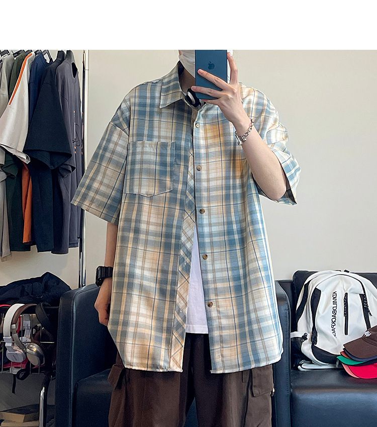 简恒日系复古印花短袖格子衬衫男女休闲夏季宽松BF风撞色情侣衬衣详情9