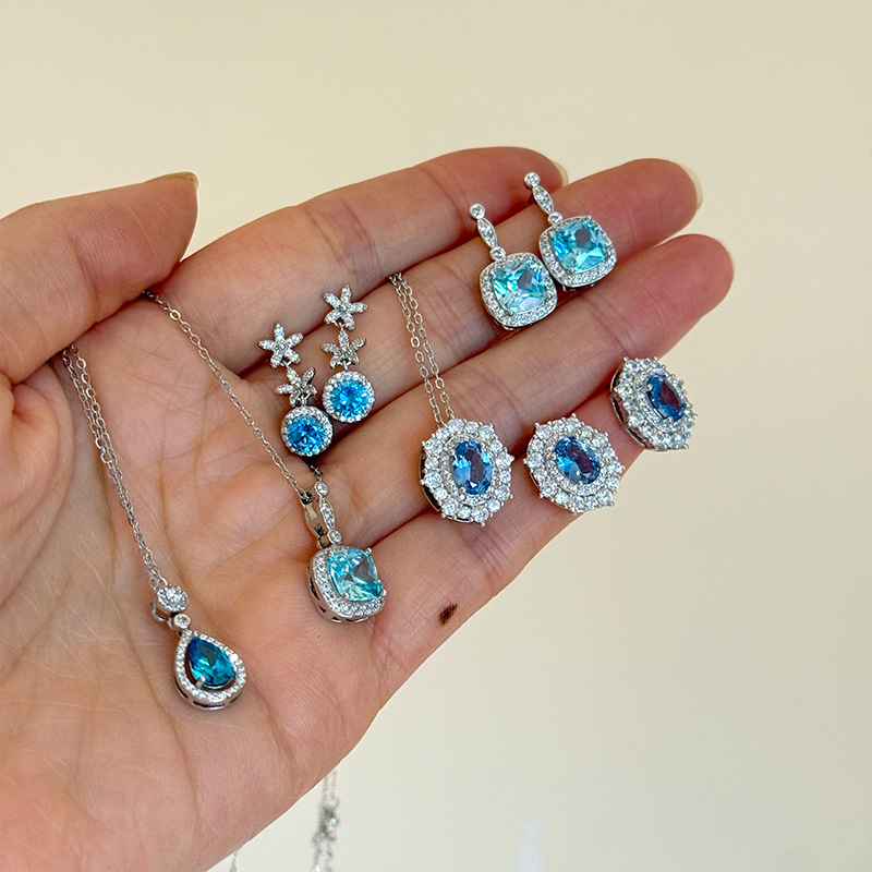 Blue necklace stud earrings collection, all-silver necklace, exquisite and elegant commuting collarbone chain, s925 silver versatile jewelry pic 2
