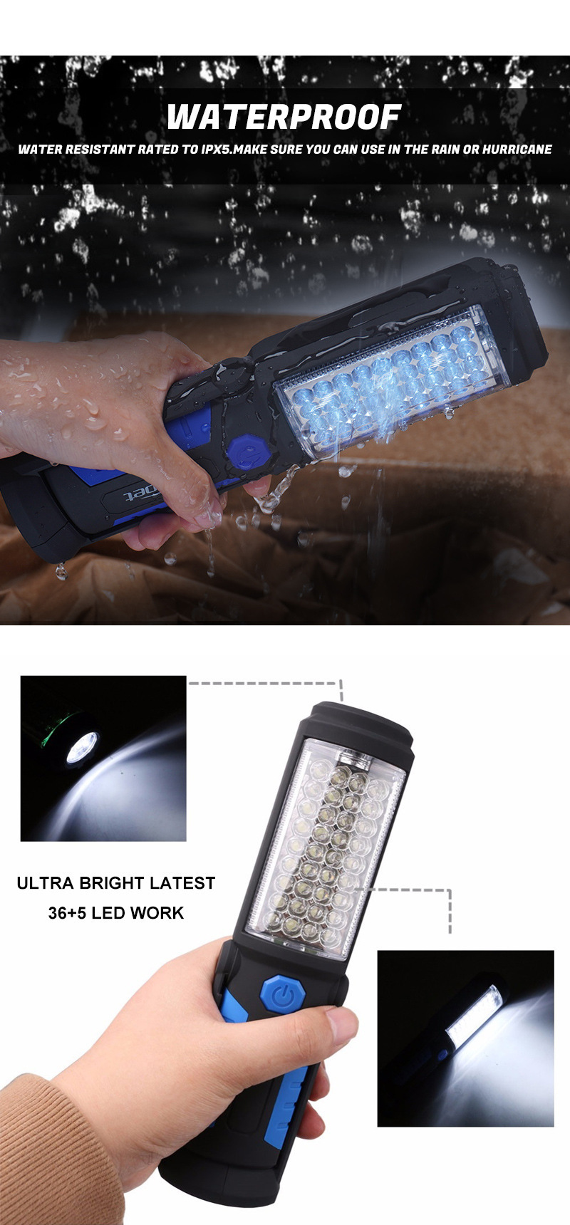36+5LED emergency work light, USB charging work light with magnetic bracket, car maintenance light, inspection light, flashlight pic 4