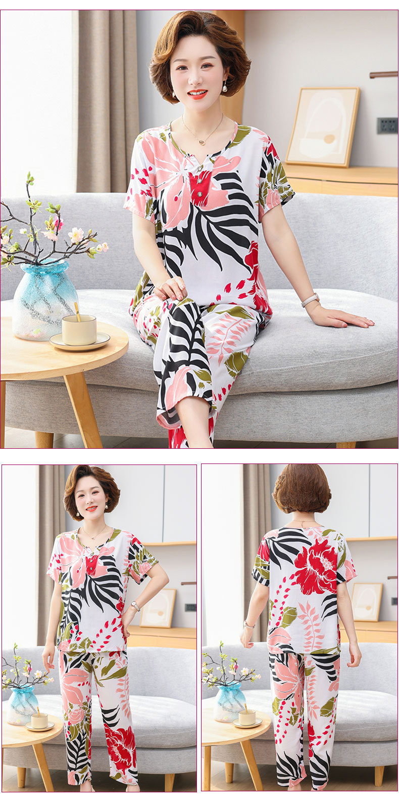 Cotton silk pajamas for women, summer short-sleeved suits, cotton silk for middle-aged and elderly mothers, large-sized artificial cotton home wear for women, suitable for wearing outside pic 10