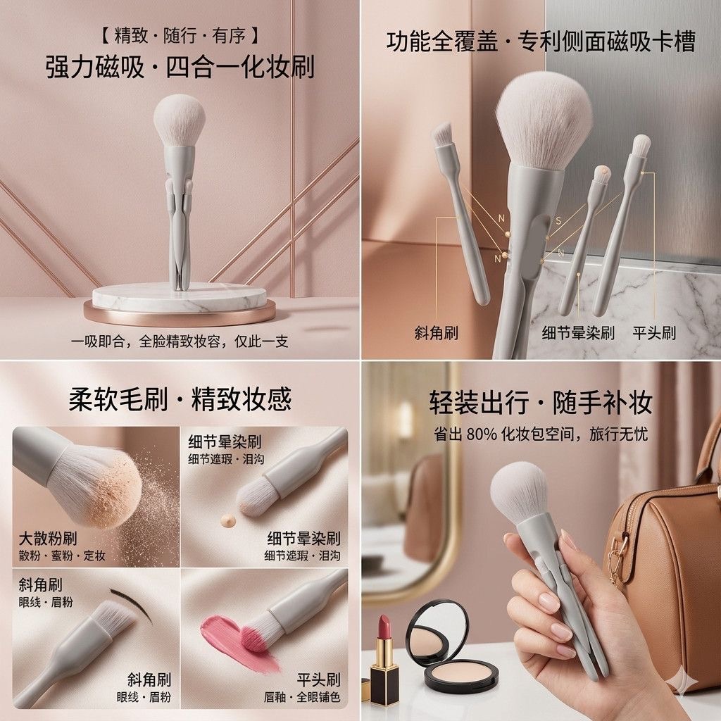 Cross-border four-in-one magnetic makeup brush, portable beauty tool, multi-functional set brush, eyeshadow brush, contouring brush pic 1