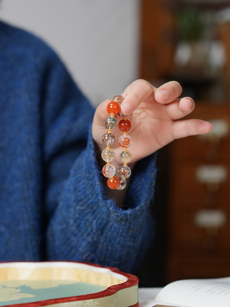 天然黑金超七水晶手链女款 红胶花金发晶川料满肉南红多宝手串 批发精选款式手链详情13