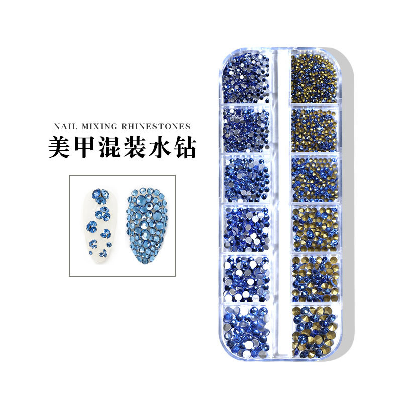 跨境美甲玻璃水钻超闪彩色白色平底钻AB尖底大小混装钻饰12格盒装详情6