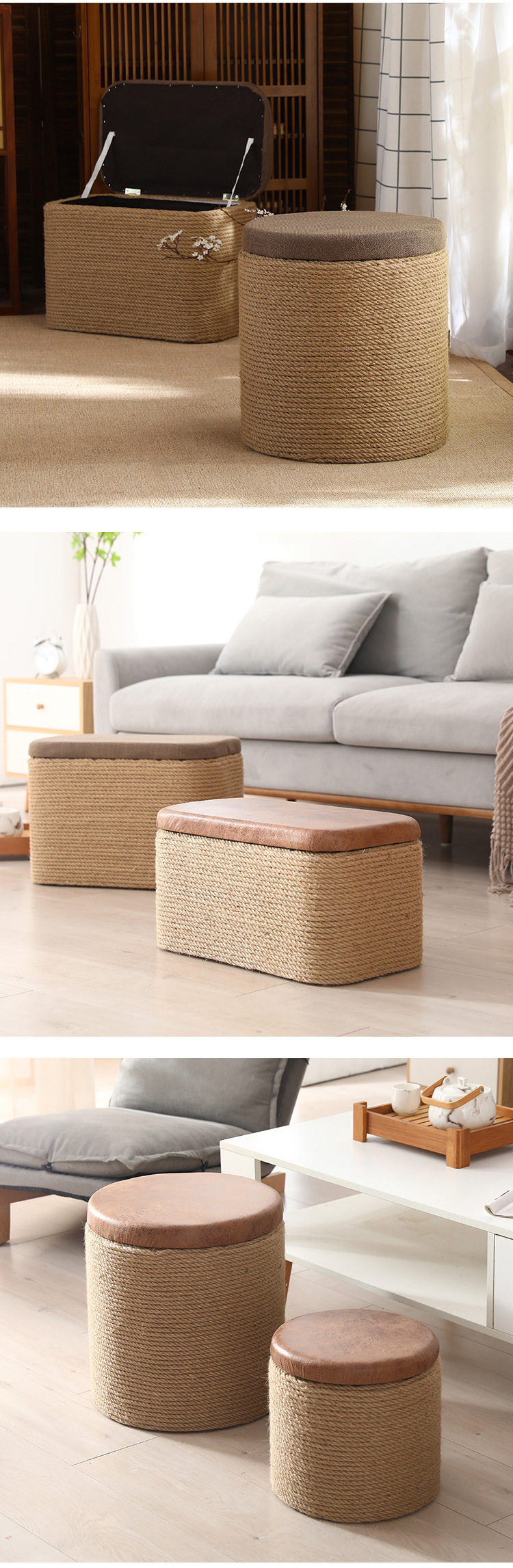 Solid wood hemp rope living room home shoe changing stool, storage stool, foot rest sofa, square stool, sitting box, organizing and storage box, simple and practical storage stool pic 5