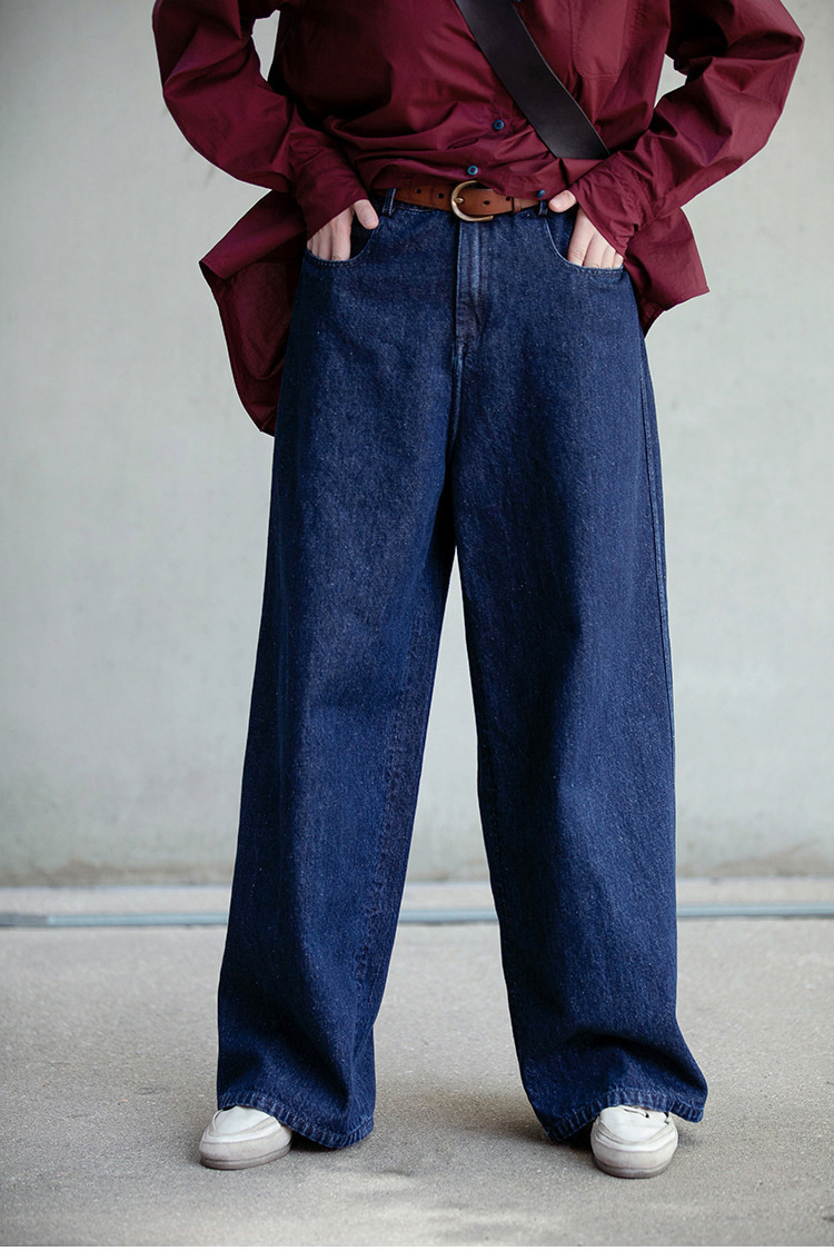 A niche all-season deep indigo blue mid-waisted loose and versatile wide-leg jeans pic 29