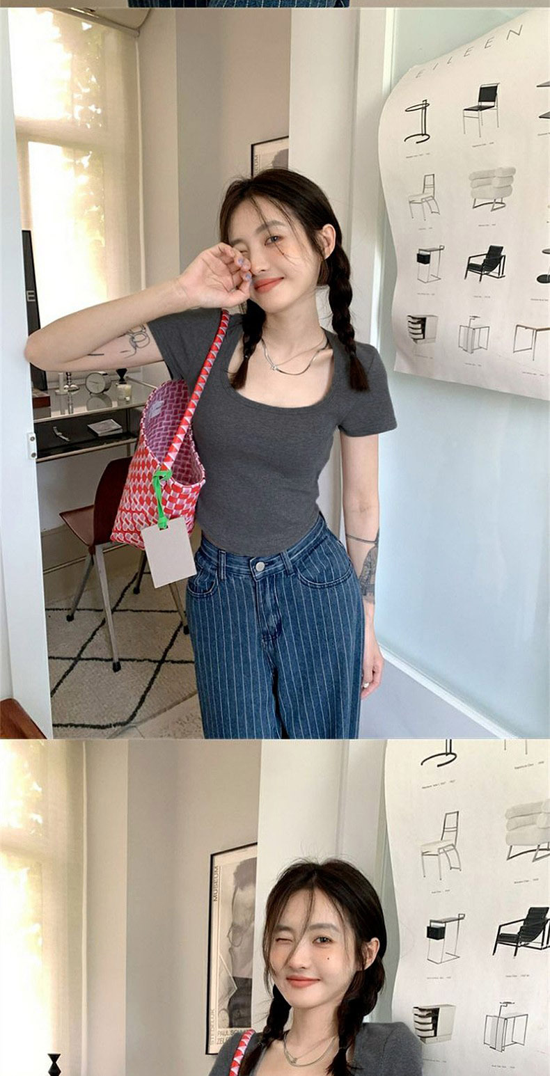 纯欲甜辣妹正肩方领短袖T恤女夏季ins设计感小众百搭显瘦短款上衣详情10