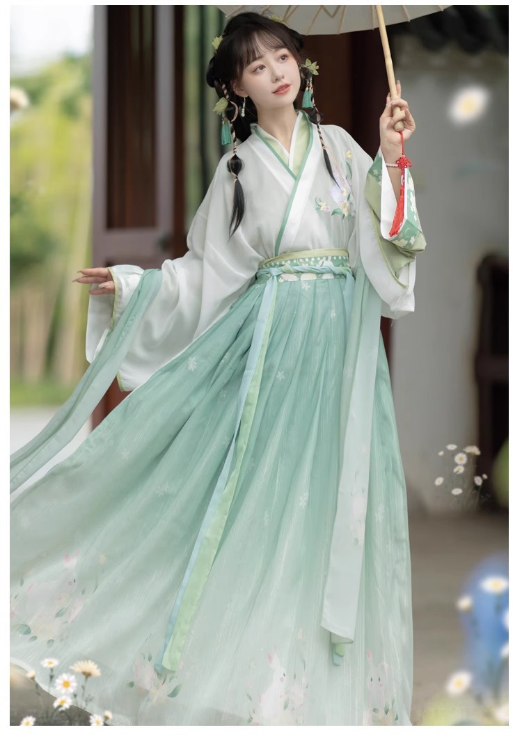 National trend embroidered waist-length cross-neck blouse and skirt set, adult Hanfu, female student chest-length printed spring and autumn style pic 12
