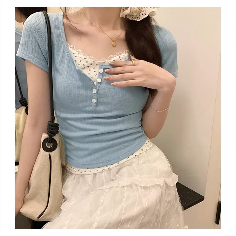 纯欲蕾丝正肩短袖T恤女夏季蓝色多巴胺bm假两件碎花修身短款上衣详情15