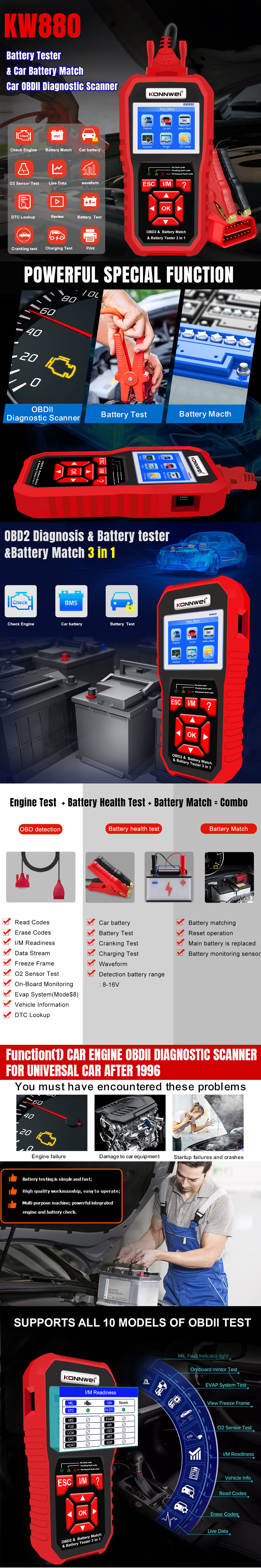 The customized KW880 is a three-in-one machine that integrates automotive diagnostic tools, automotive battery testers, and automotive battery matching pic 1
