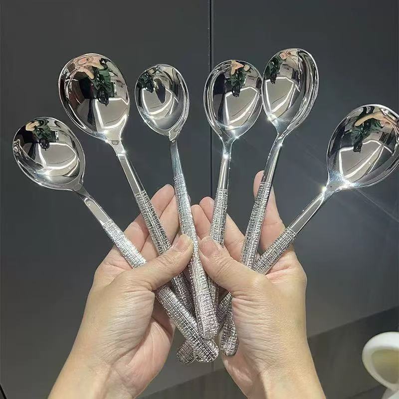 不锈钢勺子家用公用勺长柄甜品勺吃饭勺西餐汤勺创意锤纹韩式勺子详情3