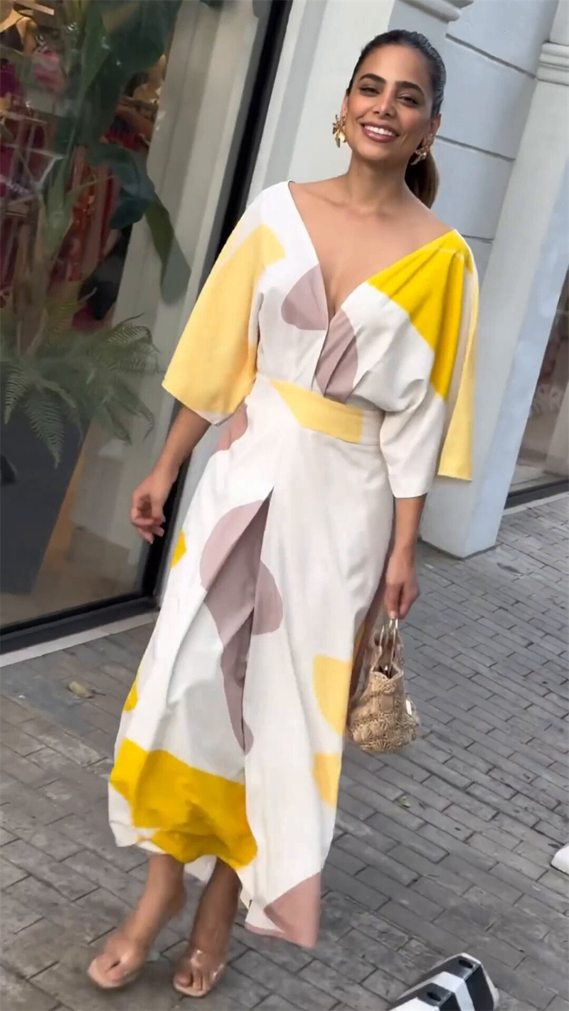 欧美跨境现货女装2024春夏新款时尚气质V领高腰连衣裙印花女长裙详情4