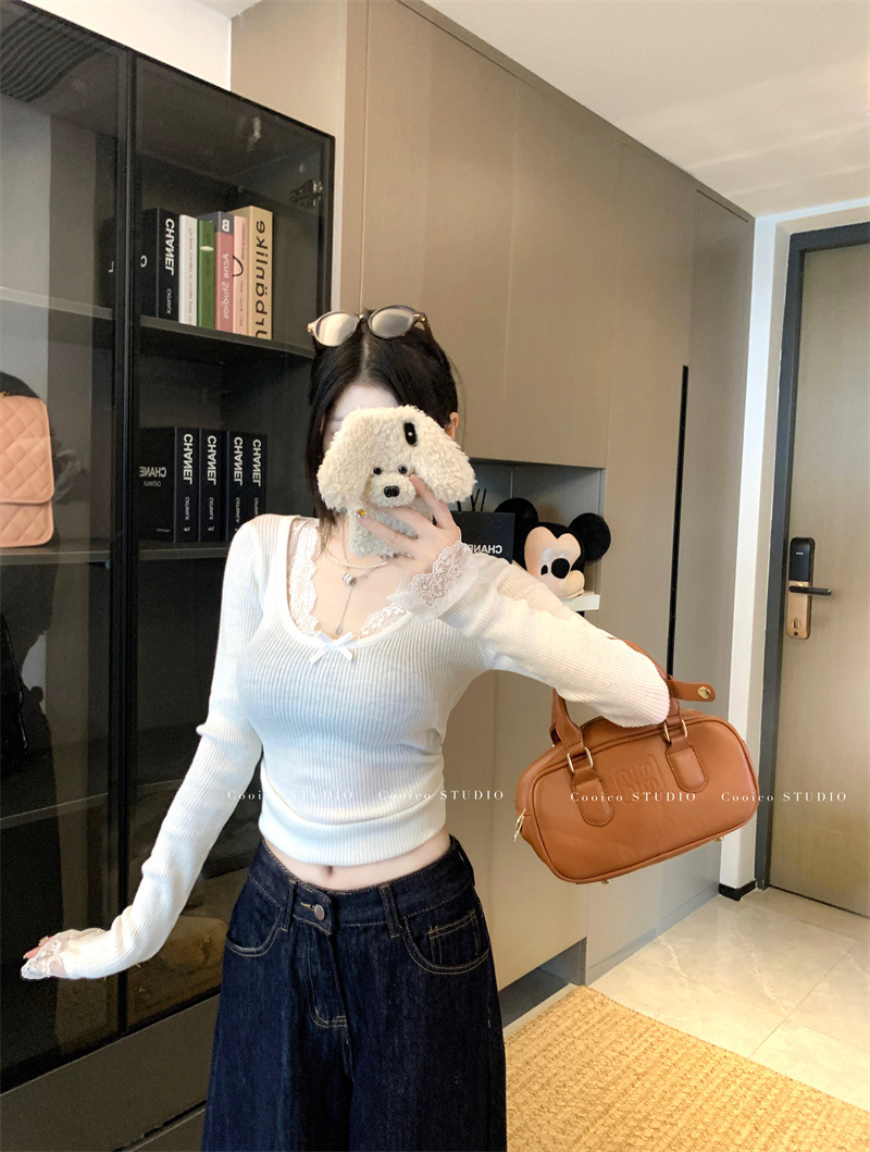 6035#复古蕾丝拼接针织衫新款修身显瘦纯欲风内搭打底长袖上衣女详情44