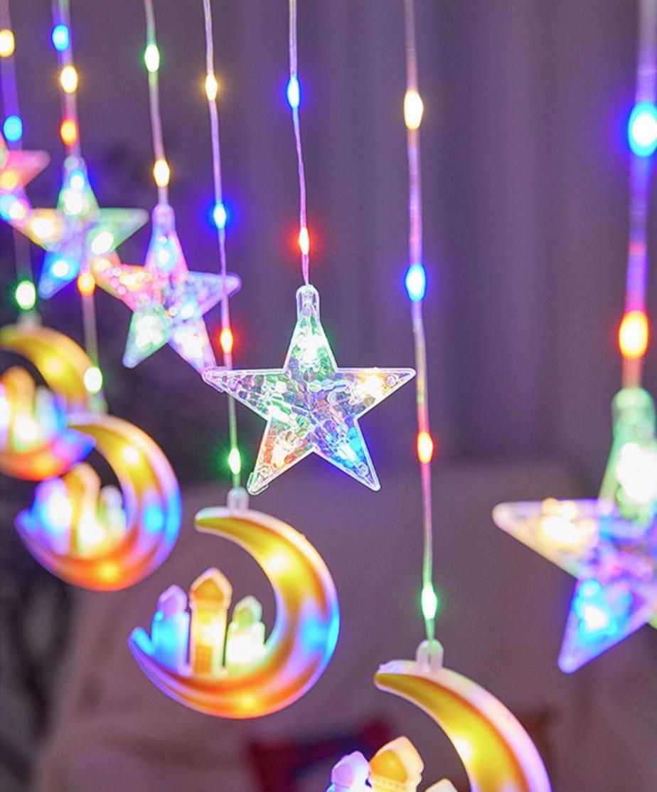 Cross-border foreign trade LED painted leather line star and moon curtain light interior decoration 10 hanging moon five-pointed star castle color pic 5