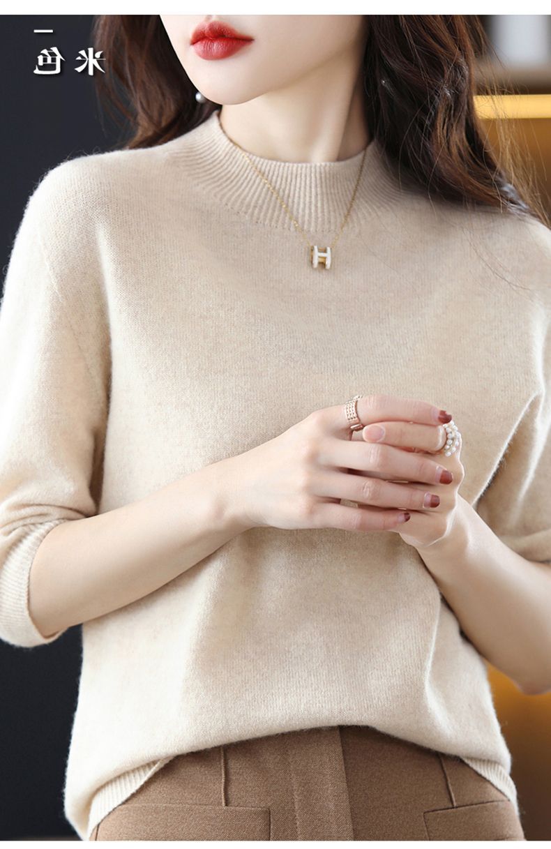 A semi-high-neck casual knitted sweater for women in spring 2023, in a solid color, paired with a half-sleeved base layer sweater T-shirt pic 30