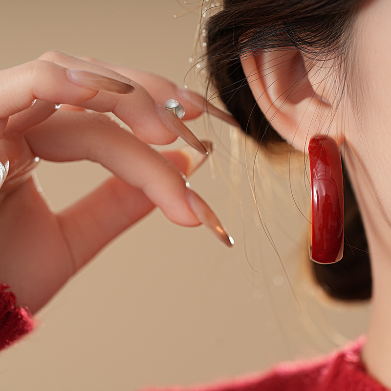 银针安可拉红色滴油宽面圆形耳环港风高级感耳圈简约气质潮流耳饰详情6