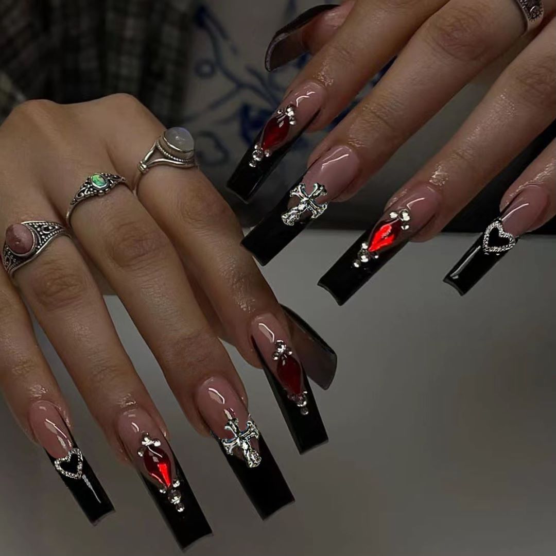 黑色高级感长款法式爱心十字架3D美甲甲片成品假指甲Nails 时尚彩妆美容护肤用品详情8
