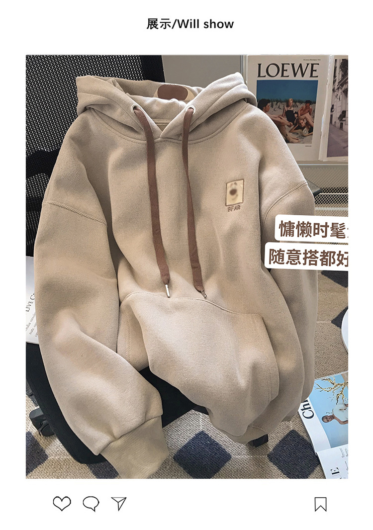 奶系加绒加厚刺绣小熊可爱连帽衫卫衣女秋冬vintage减龄宽松上衣详情6