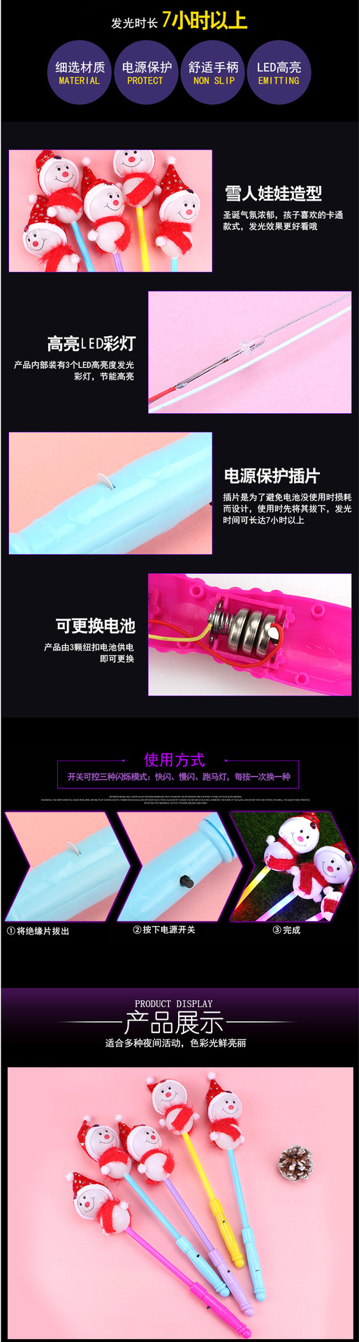 新款雪人发光棒圣诞闪光棒雪人棒圣诞礼物七彩发光玩具发光道具详情3