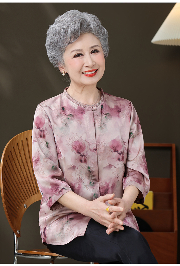 国潮新款妈妈装夏季衬衫中老年人女装上衣国风立领七分袖印花衬衣详情5