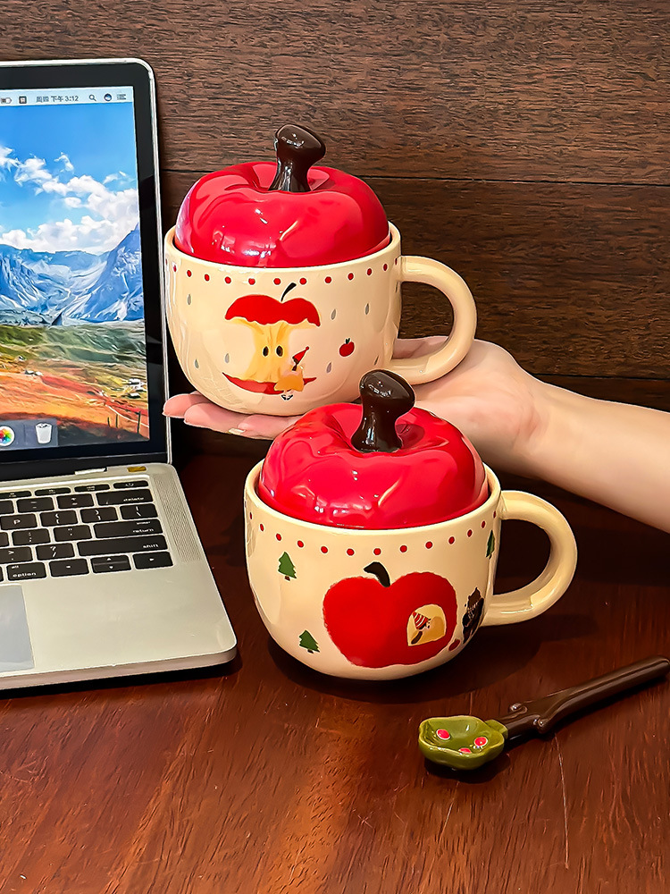 可爱卡通苹果陶瓷马克杯带盖勺创意个性咖啡牛奶办公室水杯子家用详情3