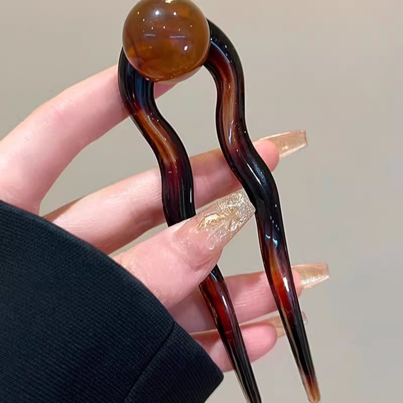 Coconut Jelly round Beads ~ Retro and simple U-shaped bead hairpin for women 2024 new high-end summer bun hair accessory pic 5