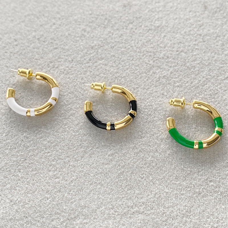 C形珐琅圈圈拼接耳环女法式轻奢小众设计感复古气质银针撞色耳圈详情33