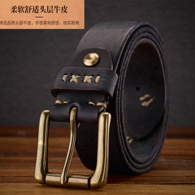 男士真皮手工新款头层牛皮带复古潮流个性铜扣皮带牛仔裤腰带批发详情5