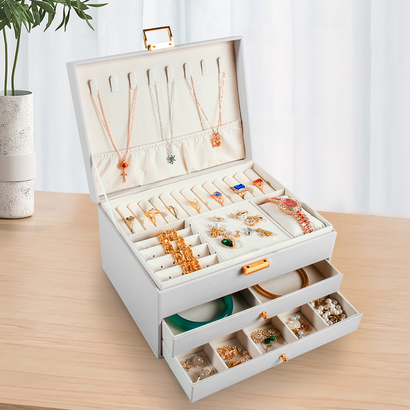 Multi-functional jewelry box, three-layer leather drawer-style jewelry, light luxury exquisite necklace, earrings and jewelry storage box pic 8