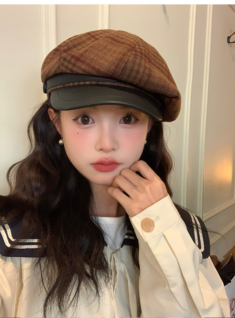 Cool and elegant checkered retro British octagonal newsboy hat for women 2024 new style face-enhancing small beret pic 8