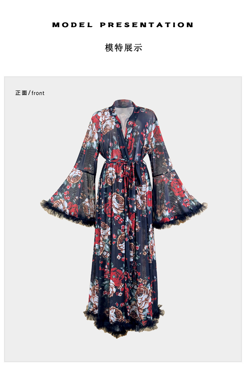 Ambiance vintage francés floral toga manga larga cuello en V fleece adorno con cordón cierre cintura inicio robe 1119 pic 15