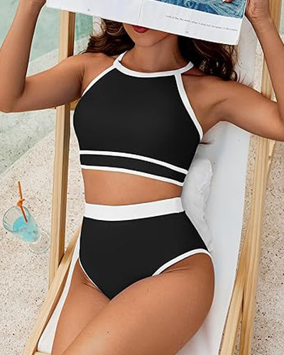 2024年新款欧美女式游泳衣高腰比基尼套装纯色运动泳衣两件套泳装详情3