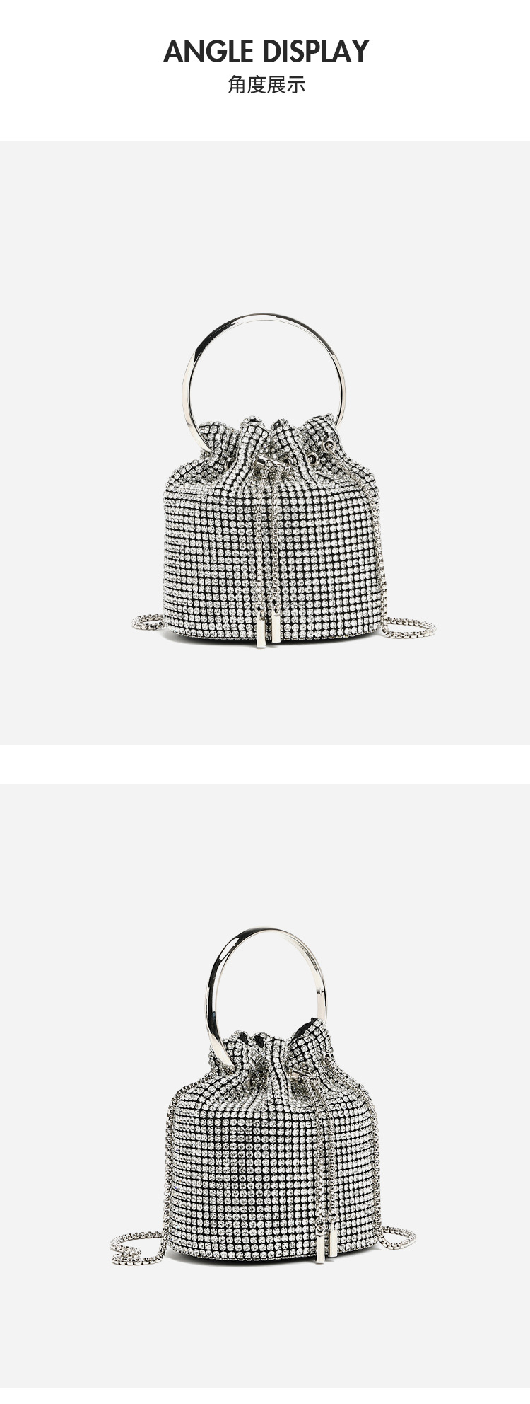 跨境热卖晚宴包钻包2024春季新款时尚链条镶钻单肩斜跨水桶包批发详情10