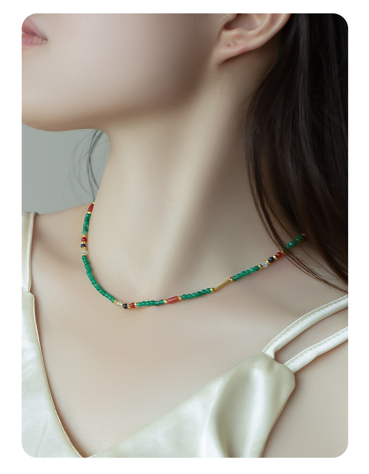 新款天然石彩色串珠项链 简约夏季小清新甜酷混色串珠锁骨链项链详情7