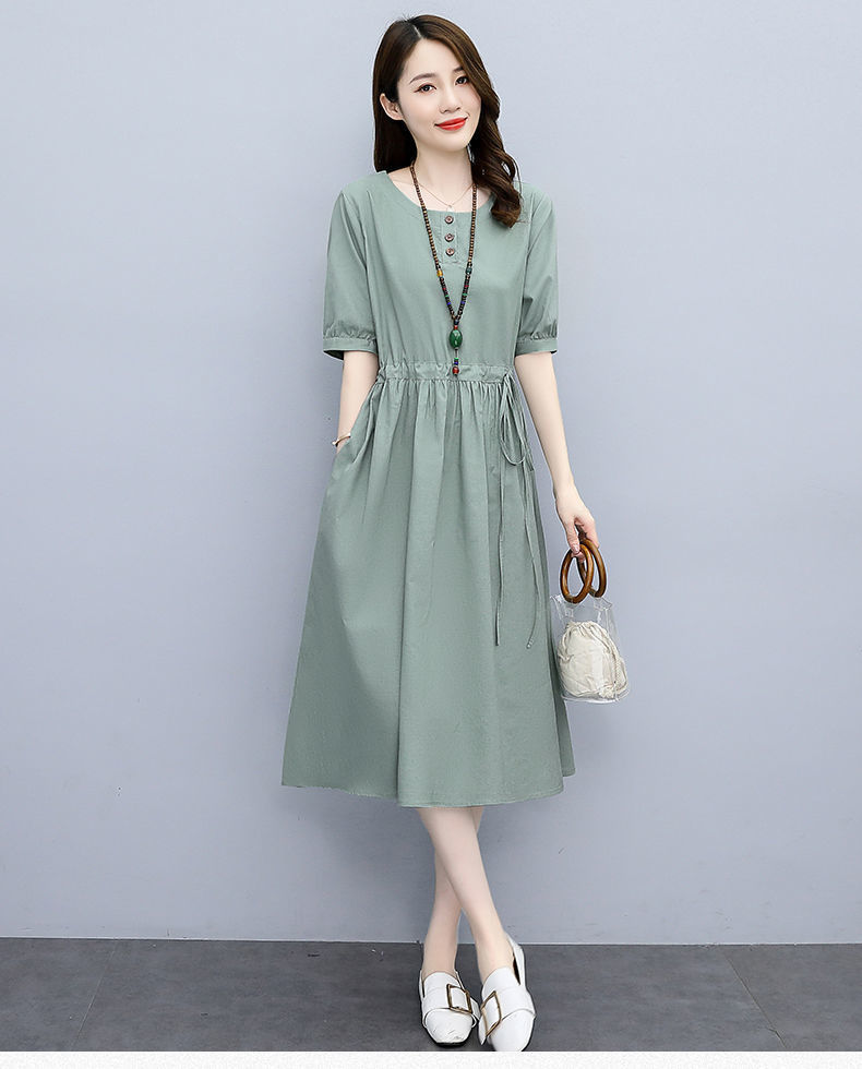 Mid-length cotton and linen dress for women, new summer 2024, high-end and elegant, waist-cinching, slimming and belt-covering A-line dress pic 11