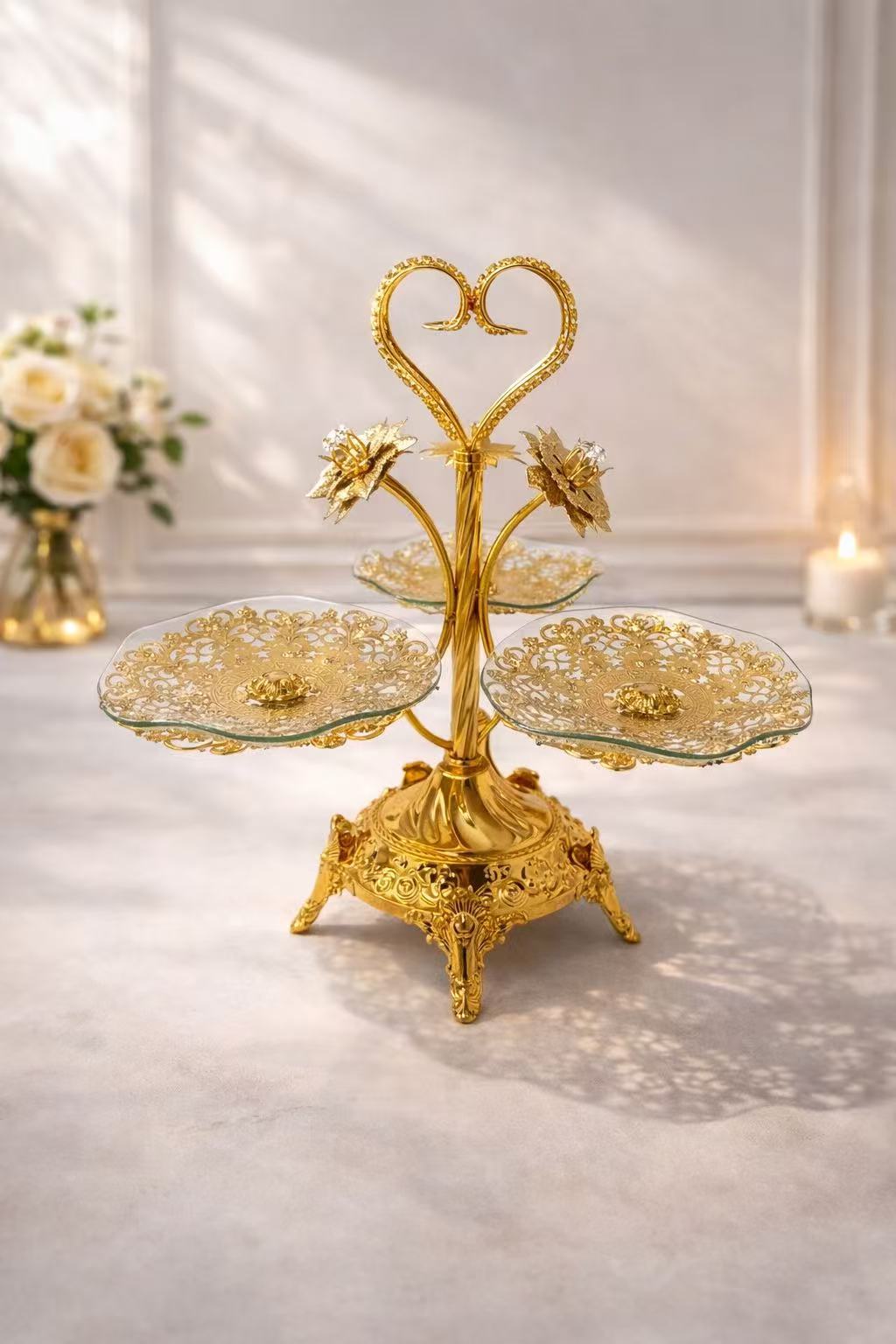 高档欧美风四格圆形水果果盘创意轻奢茶几摆件多层三层网红包装托盘其他托盘详情10