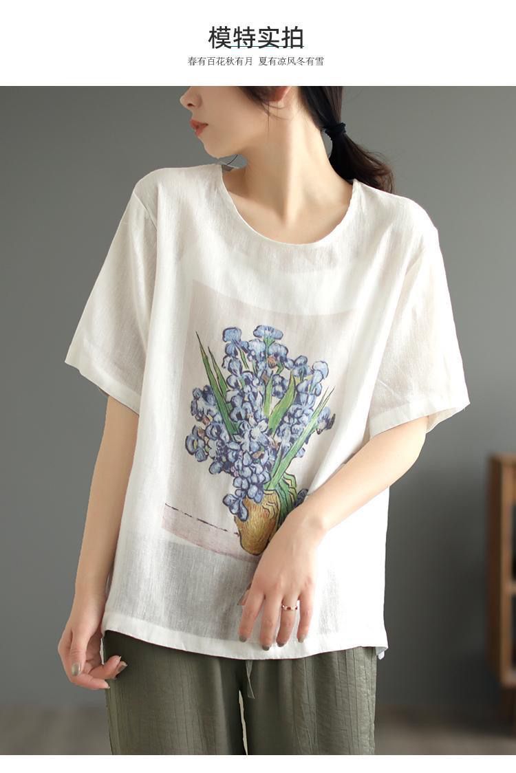 棉麻体恤女短袖2023夏装新款女式上衣宽松复古印花大码女装T恤潮详情11