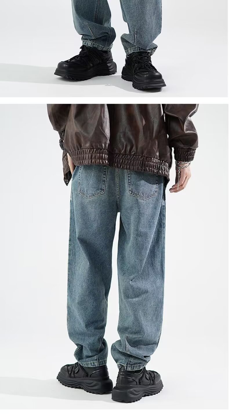 FUIV American-style jeans for men, washed and aged, high street straight, loose, trendy brand wide-leg long pants for men pic 15