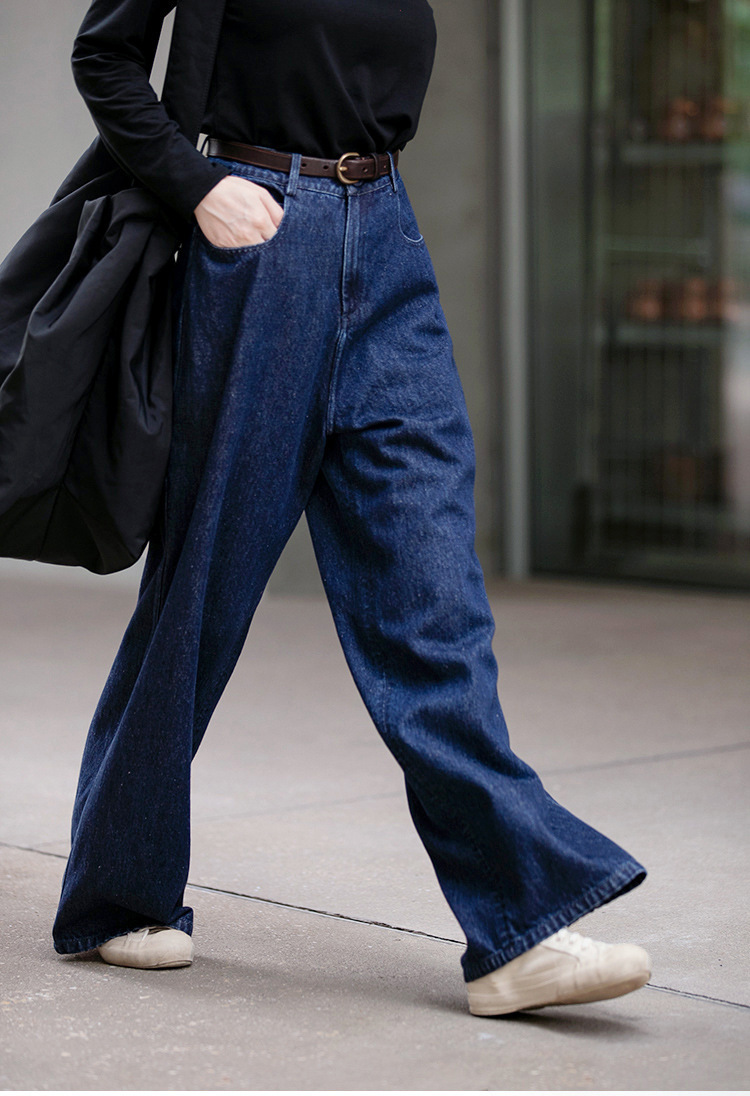 A niche all-season deep indigo blue mid-waisted loose and versatile wide-leg jeans pic 17