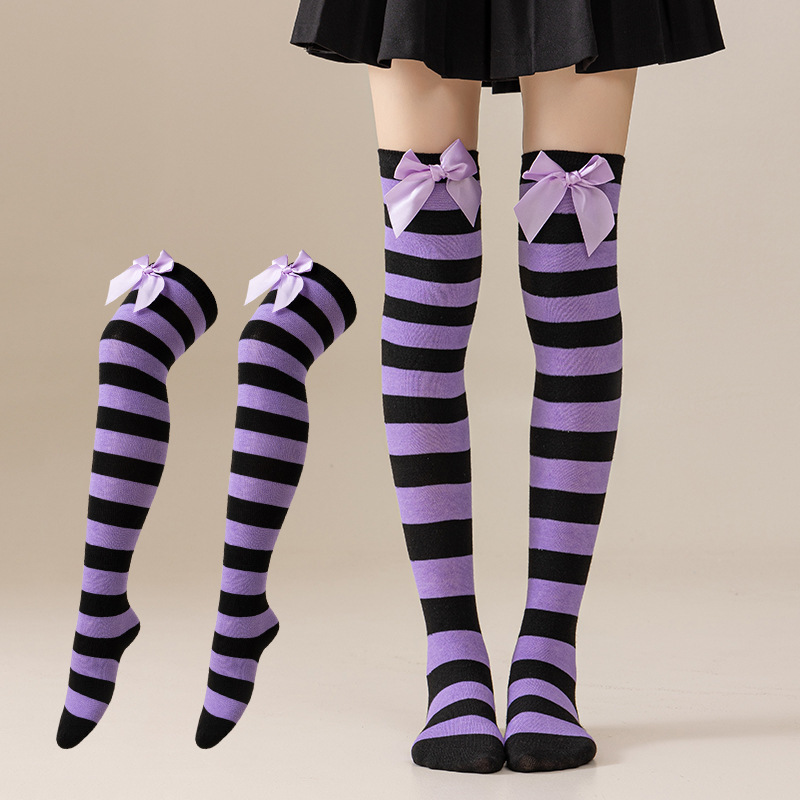 New European and American Halloween and Christmas knee-high socks, single-color striped thigh-high socks with bows, available in multiple colors pic 12