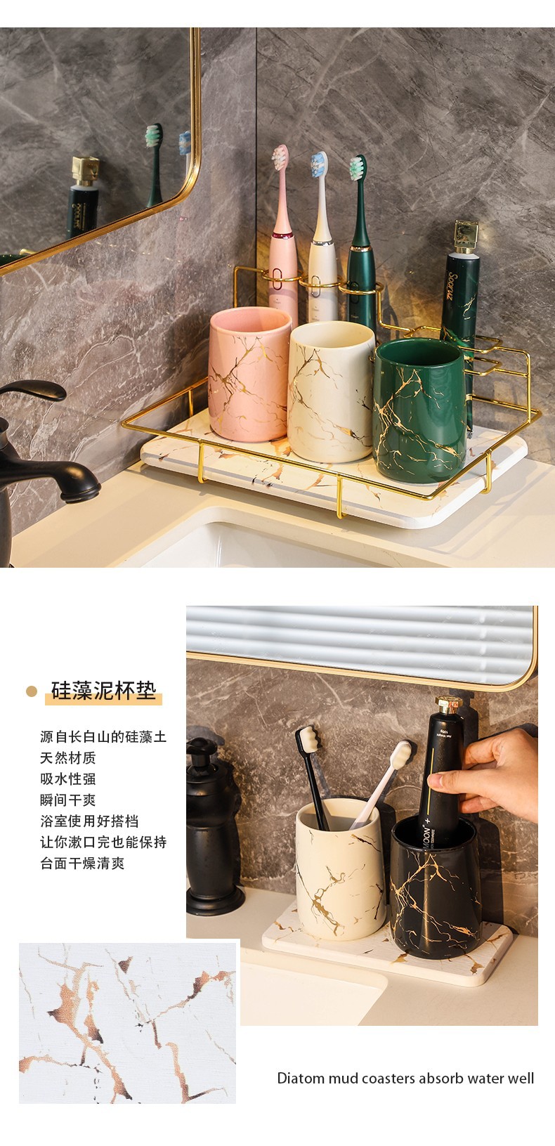 Simple and creative couple washbasin cups, home bathroom ceramic toothbrush cups, marble-patterned handless mouthwash cups pic 7