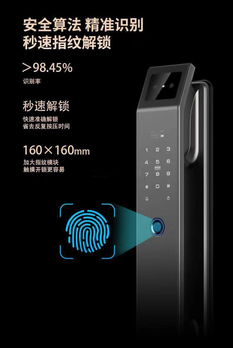 The black smart door lock features a 3D facial recognition screen, a digital keyboard, a handle and a lock tongue structure pic 4
