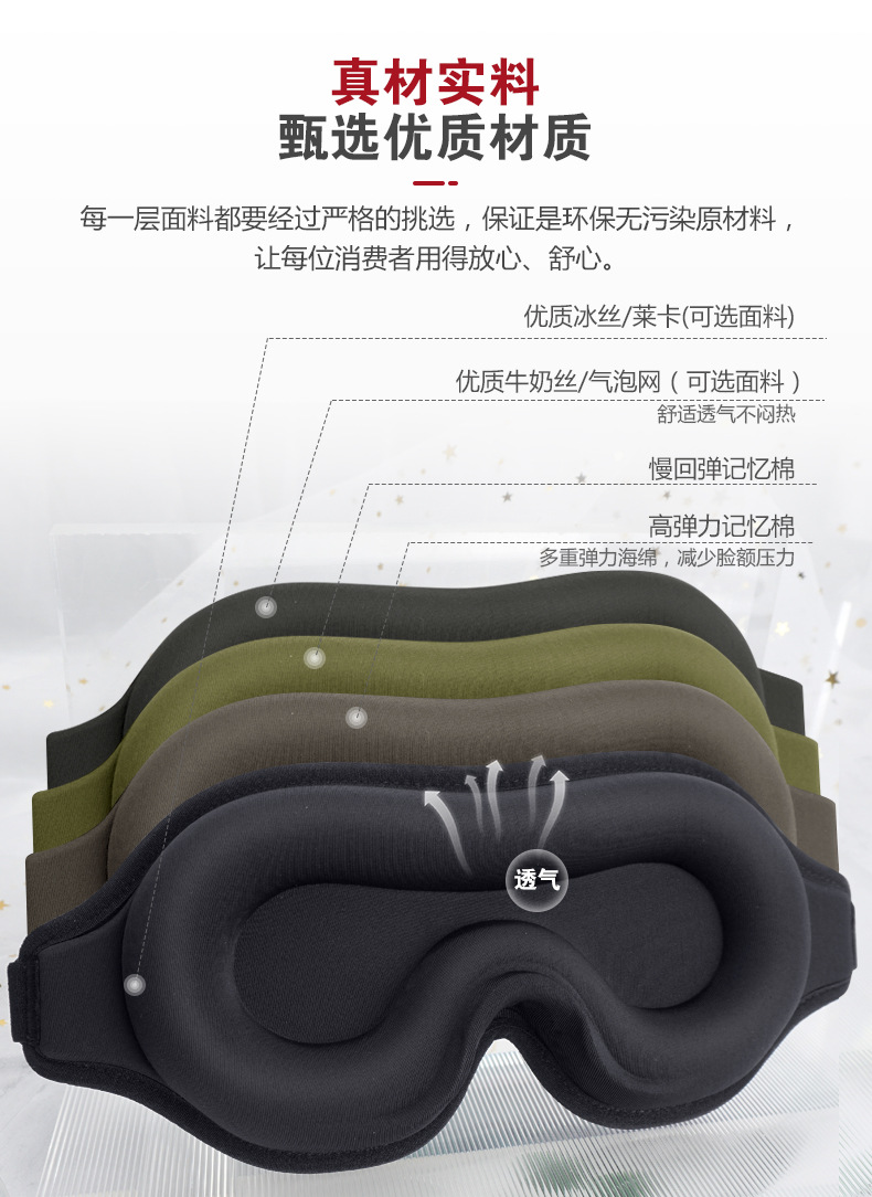 跨境眼罩冰丝莱卡3d遮光眼罩睡眠松紧调节旅行航空海绵立体护眼罩详情12